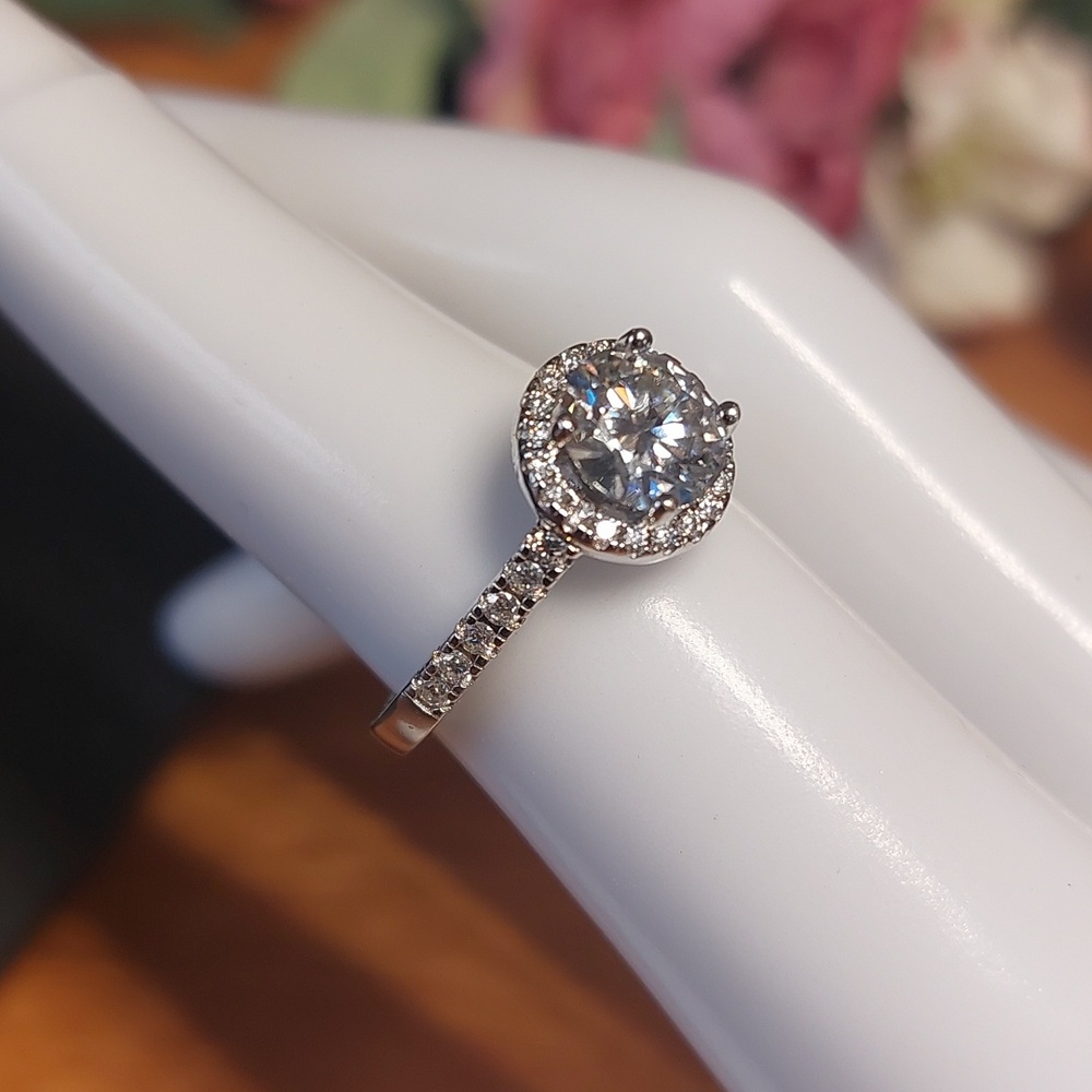 Sterling Silver 925 CZ Solitaire Ring With Halo & Accents Size 5.75